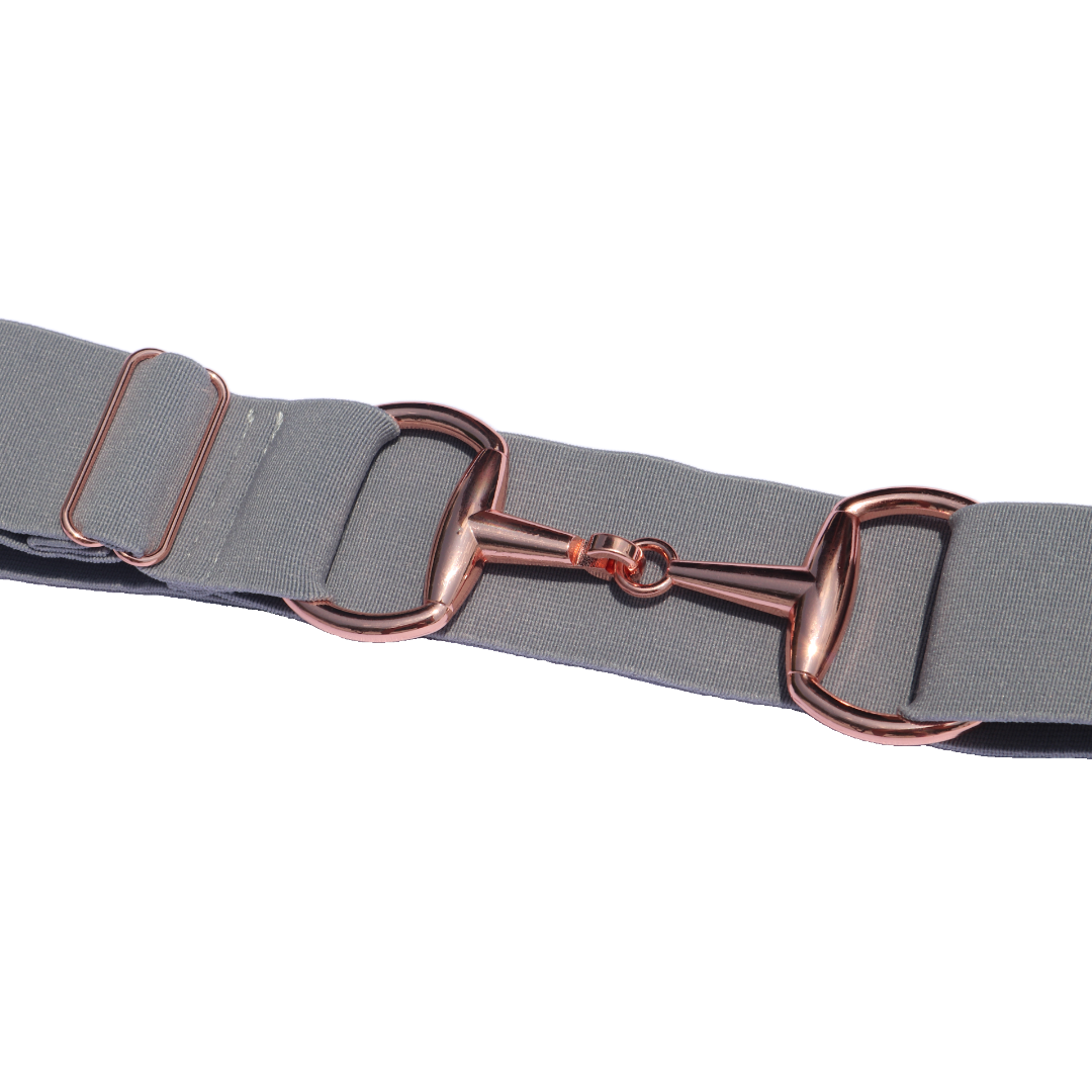 Gray Comfort Fit Belt Rose Gold Snaffle Zoomed In | Divine Equestrian Affordable Elastic Riding Belts