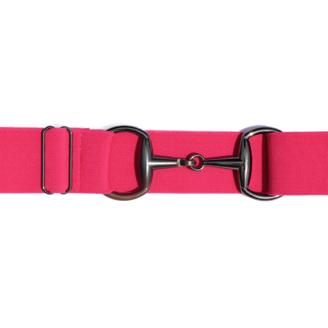 Pretty Pink Comfort Fit Belt Black Snaffle Zoomed In | Divine Equestrian Affordable Elastic Riding Belts