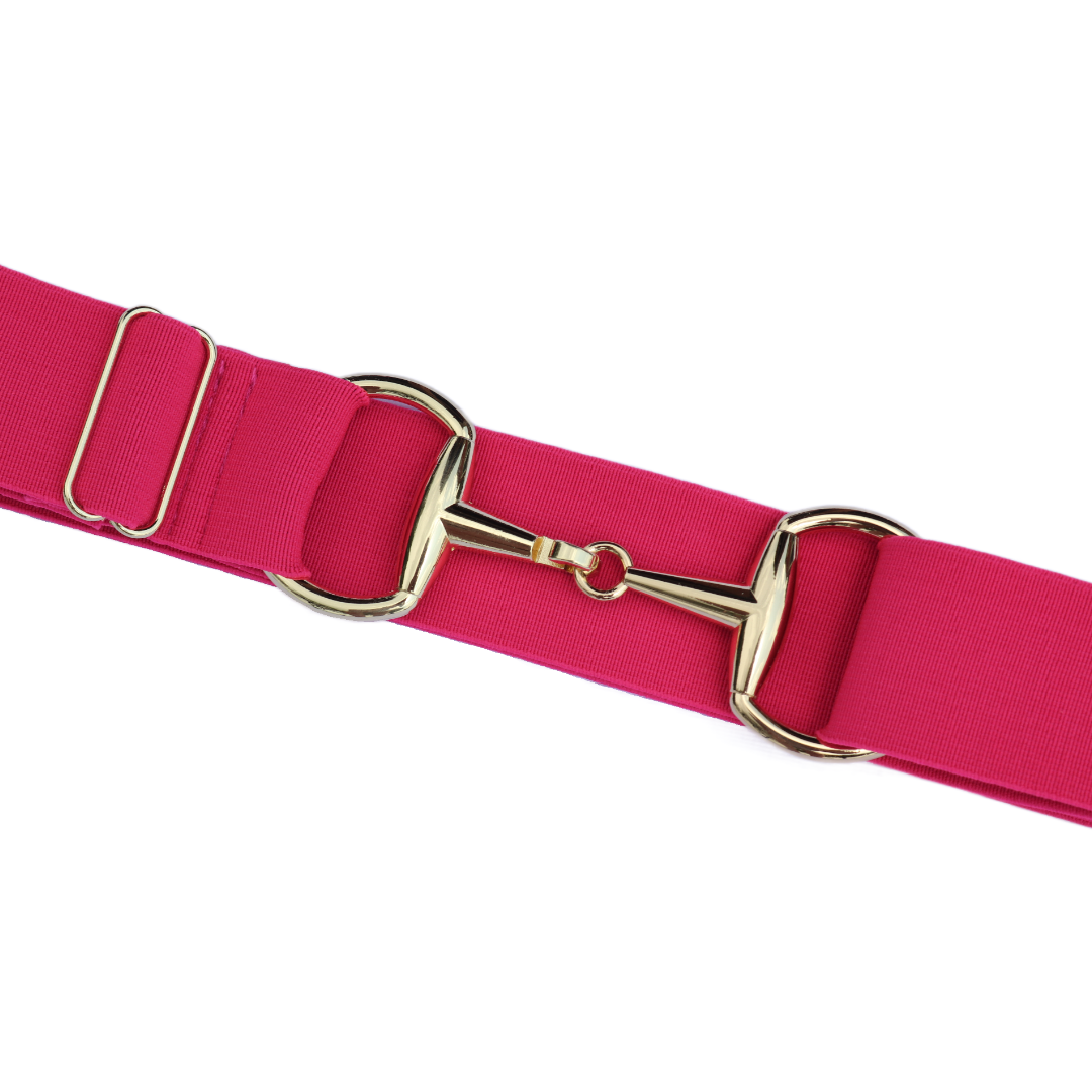 Pretty Pink Comfort Fit Belt Gold Snaffle Zoomed In | Divine Equestrian Affordable Elastic Riding Belts