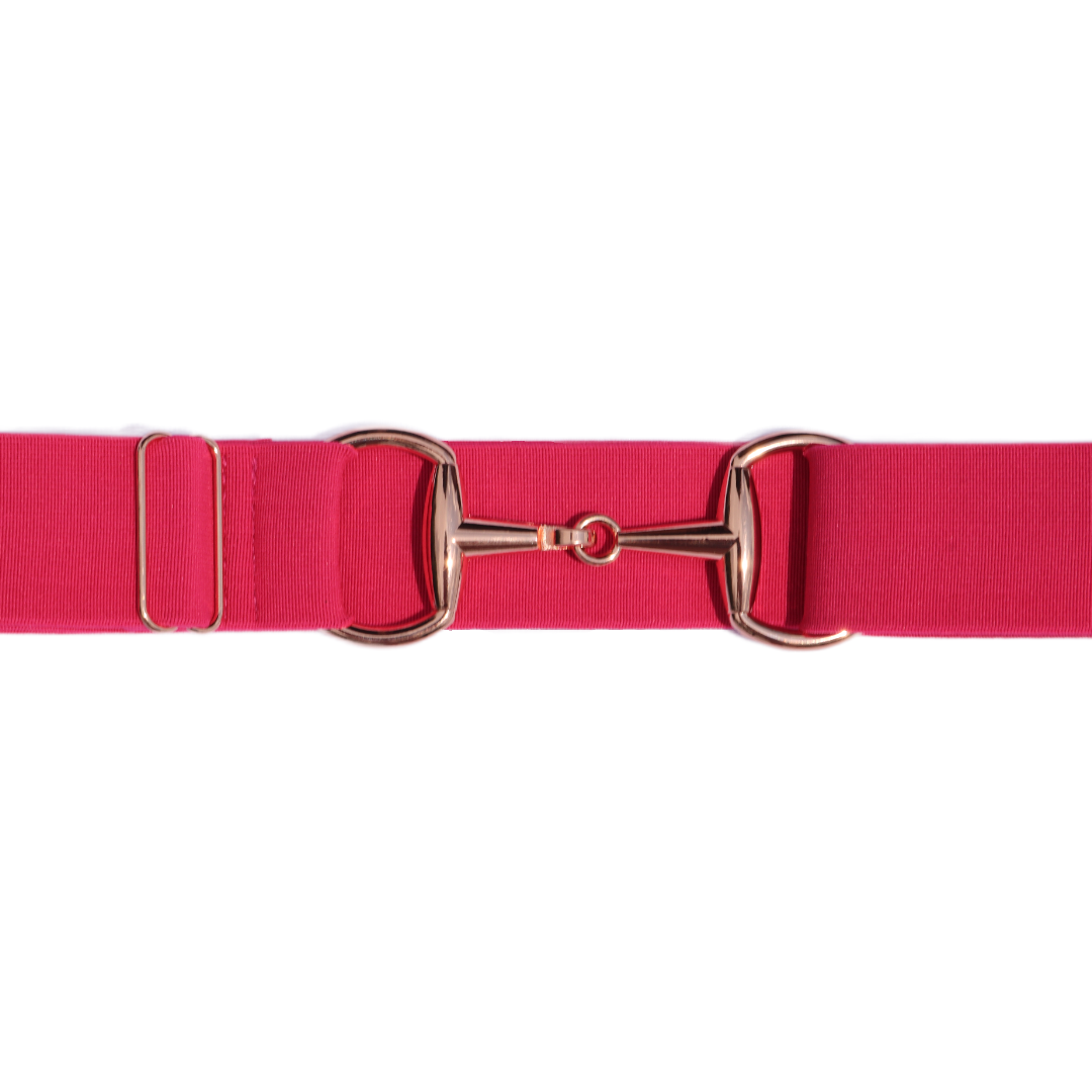 Pretty Pink Comfort Fit Belt Rose Gold Snaffle Zoomed In | Divine Equestrian Affordable Elastic Riding Belts