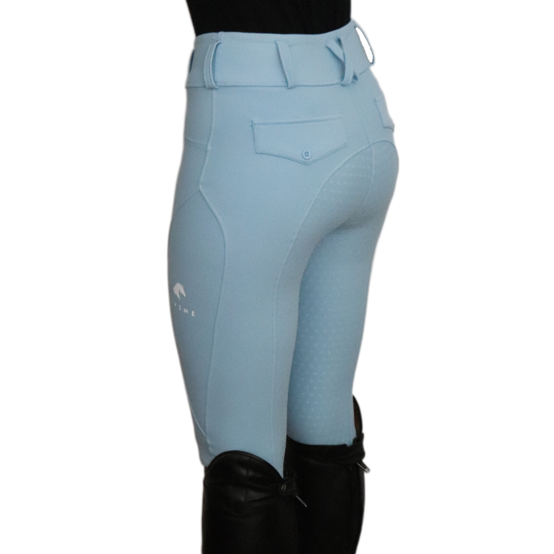 Sky Blue Beige Comfort Grip Leggings Back View | Divine Equestrian Affordable Riding Pants