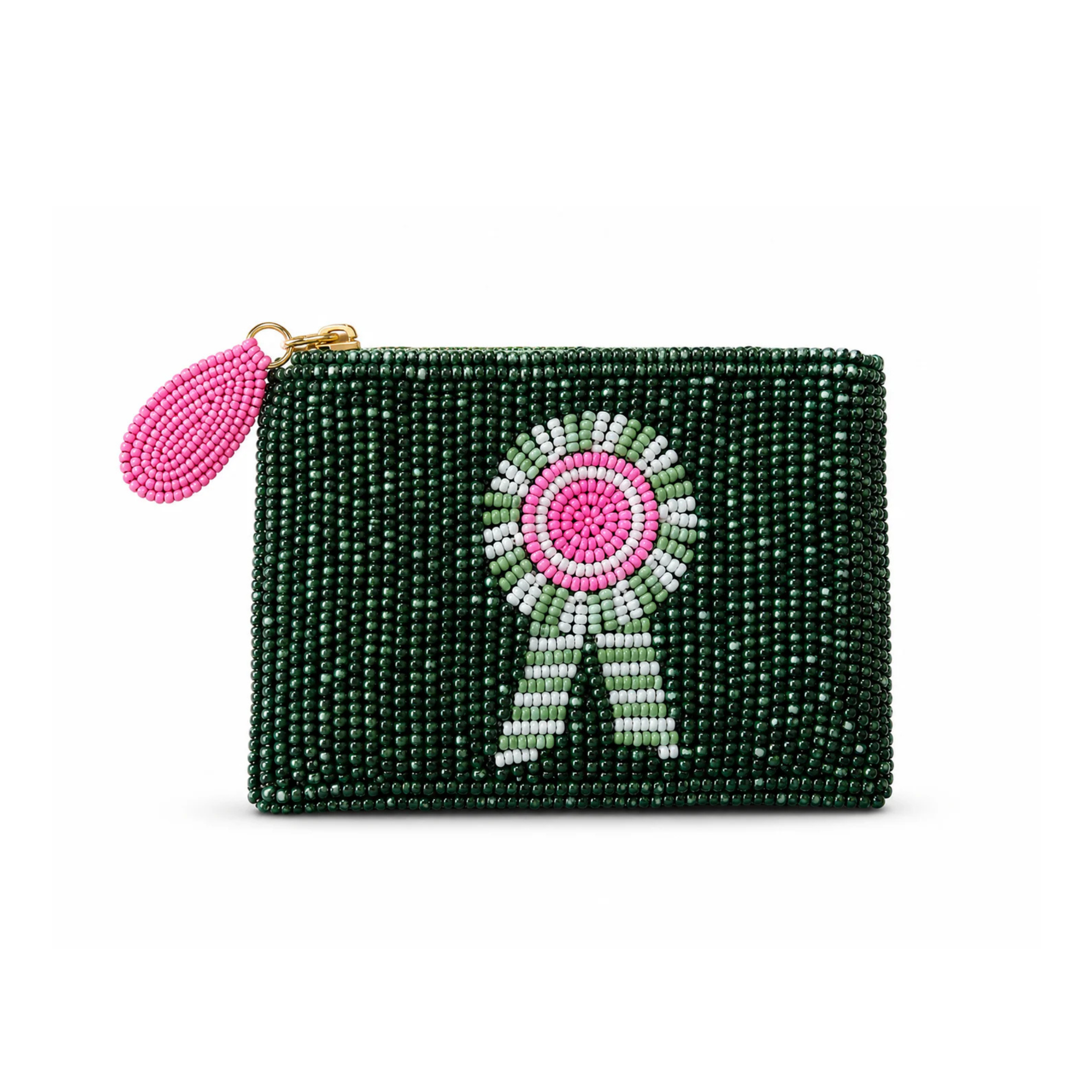 Green Ribbon Small Beaded Pouch
